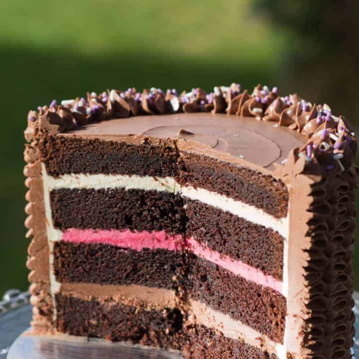 {Devil's food cake filled with Neapolitan buttercream - Italian meringue buttercream flavoured with vanilla, chocolate and freeze-dried strawberry powder}