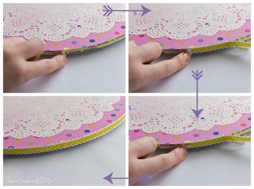 Applying ribbon to the cake board
