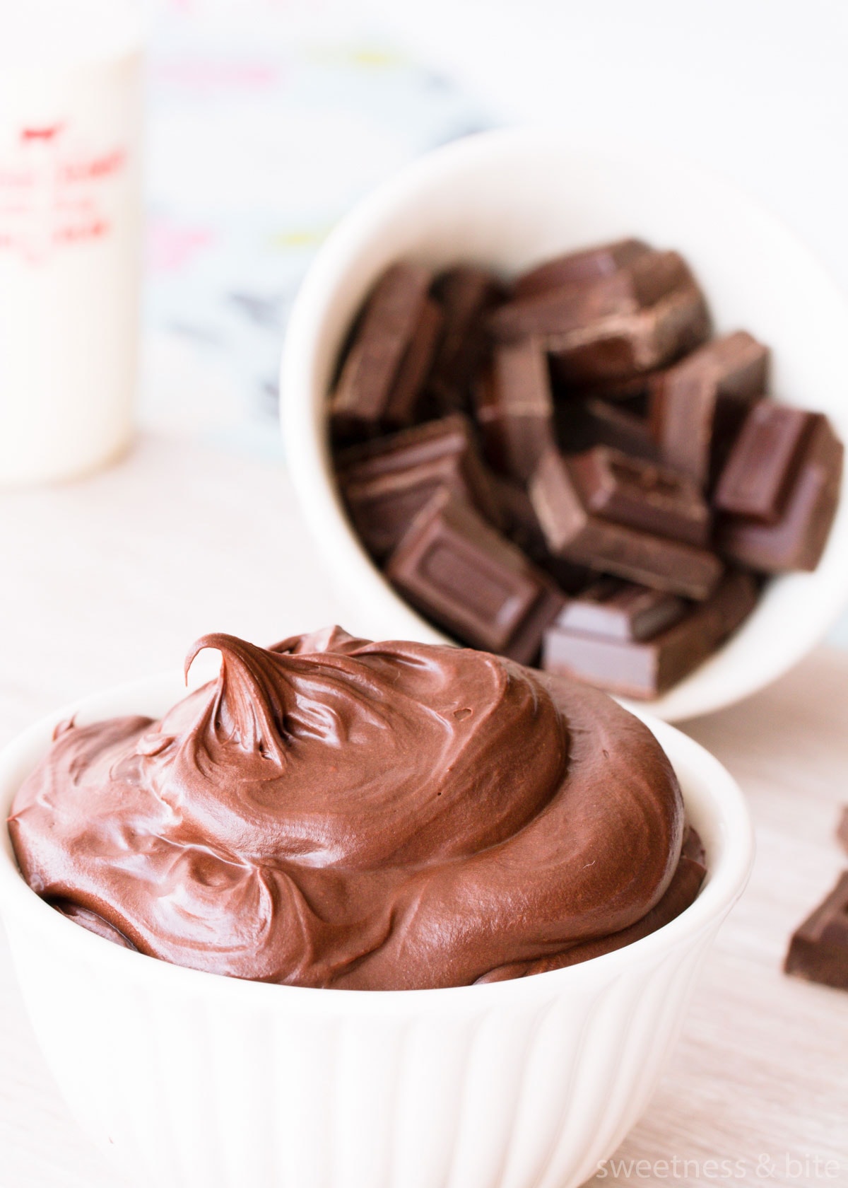 A small bowl filled with dark chocolate ganache.