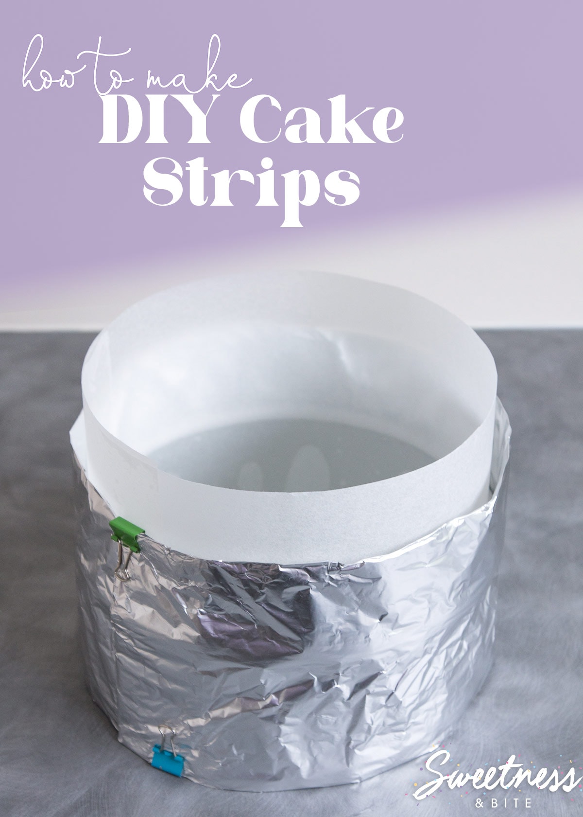 A round cake pan lined with baking paper and wrapped with a foil diy cake strip.