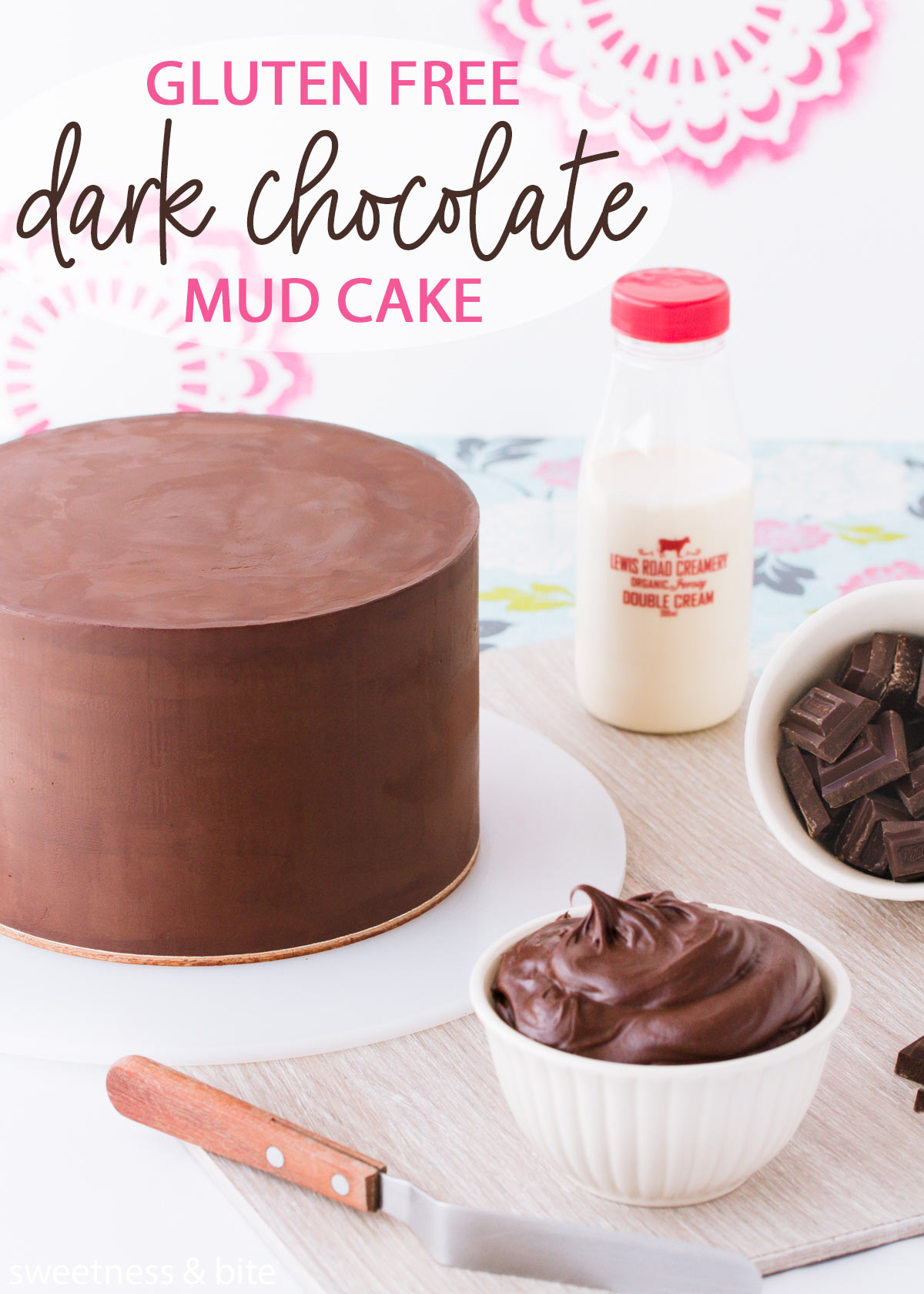 A moist, dense, gluten free dark chocolate mud cake. Suitable for covering in fondant, tiered cakes, carved cakes, and decorating using the 3 day timeline.