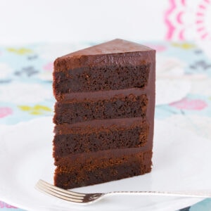 Slice of gluten free dark chocolate mud cake.