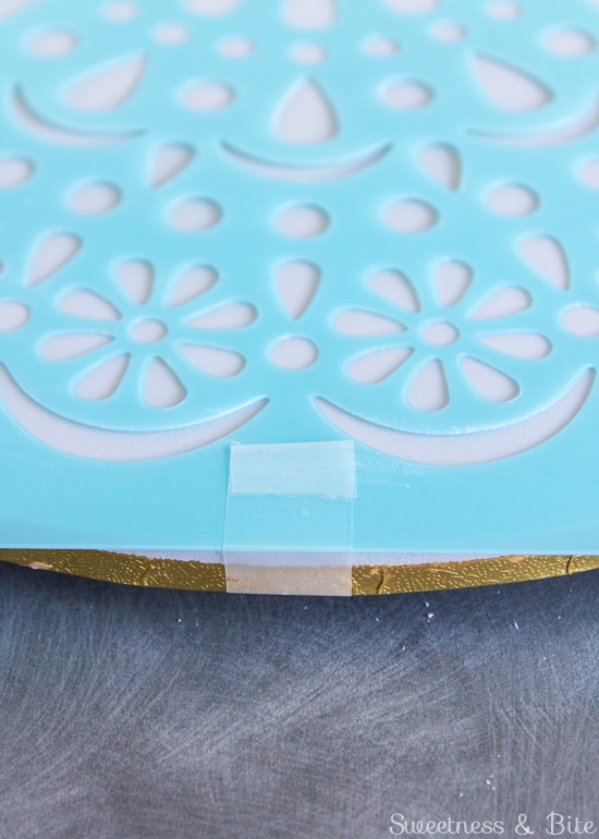 Simple Stenciled Cake Board ~ attaching the stencil