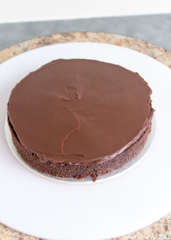 One cake layer spread with dark chocolate ganache.