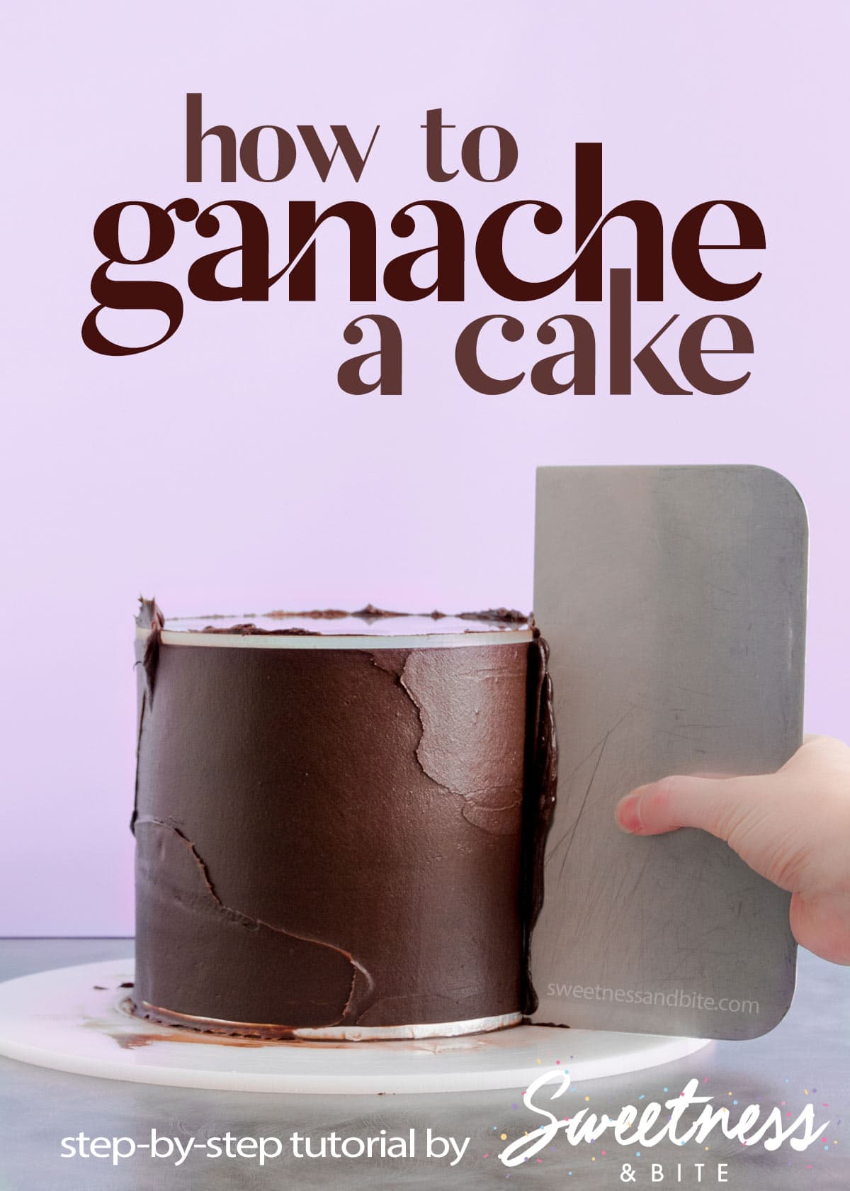 A cake being ganached with a stainless steel scraper, text overlay reads 