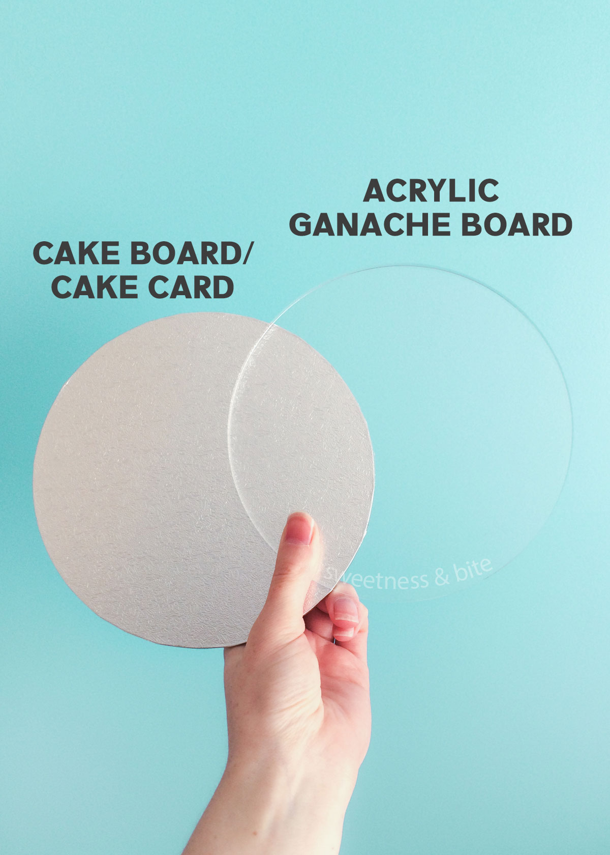 A hand holding a silver cake card and a clear acrylic ganache board the same size.