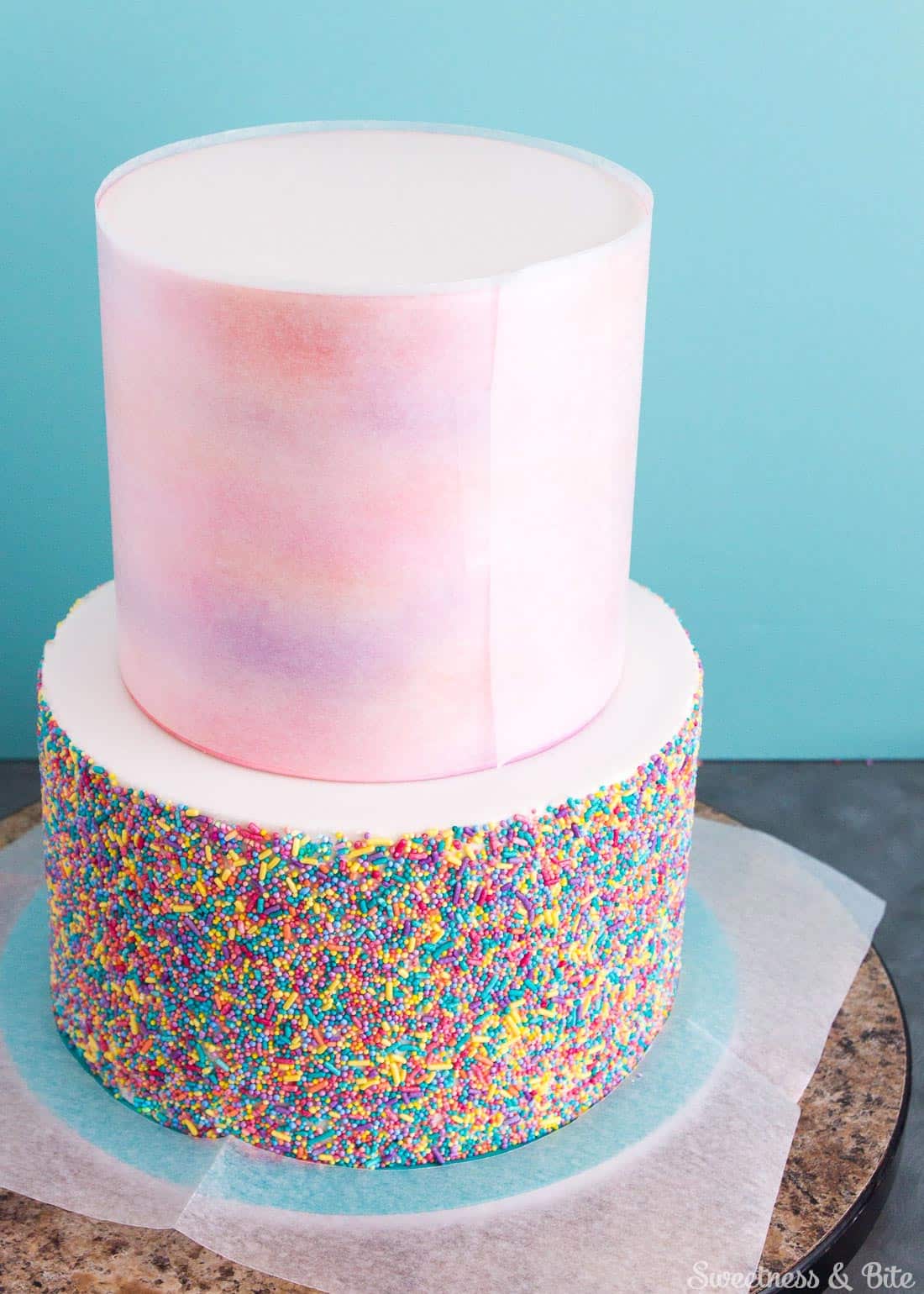 Sprinkle Cake Tutorial - A step by step guide to applying sprinkles to a fondant covered cake ~ Sweetness and Bite