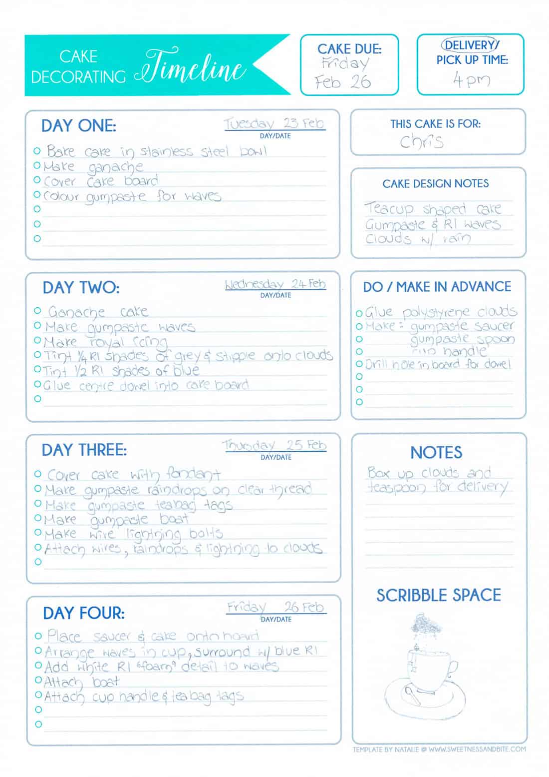 A scanned copy of a filled-in cake decorating timeline using the storm in a teacup cake as an example.