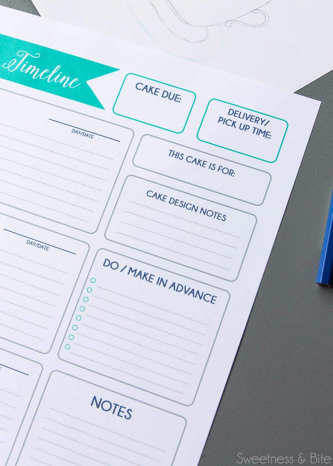 Close up of the top section of the timeline sheet, with spaces for cake due date, time and design notes.