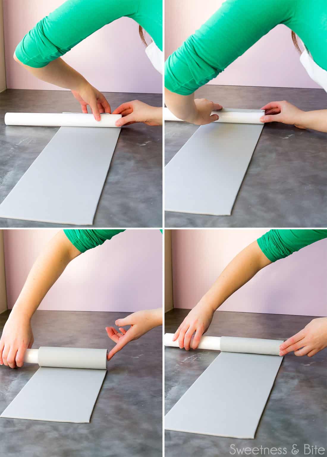 A collage of four photos showing the fondant being rolled around a white plastic rolling pin.