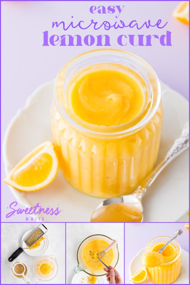 Microwave lemon curd in a ribbed glass jar, with a silver spoon on a purple background.