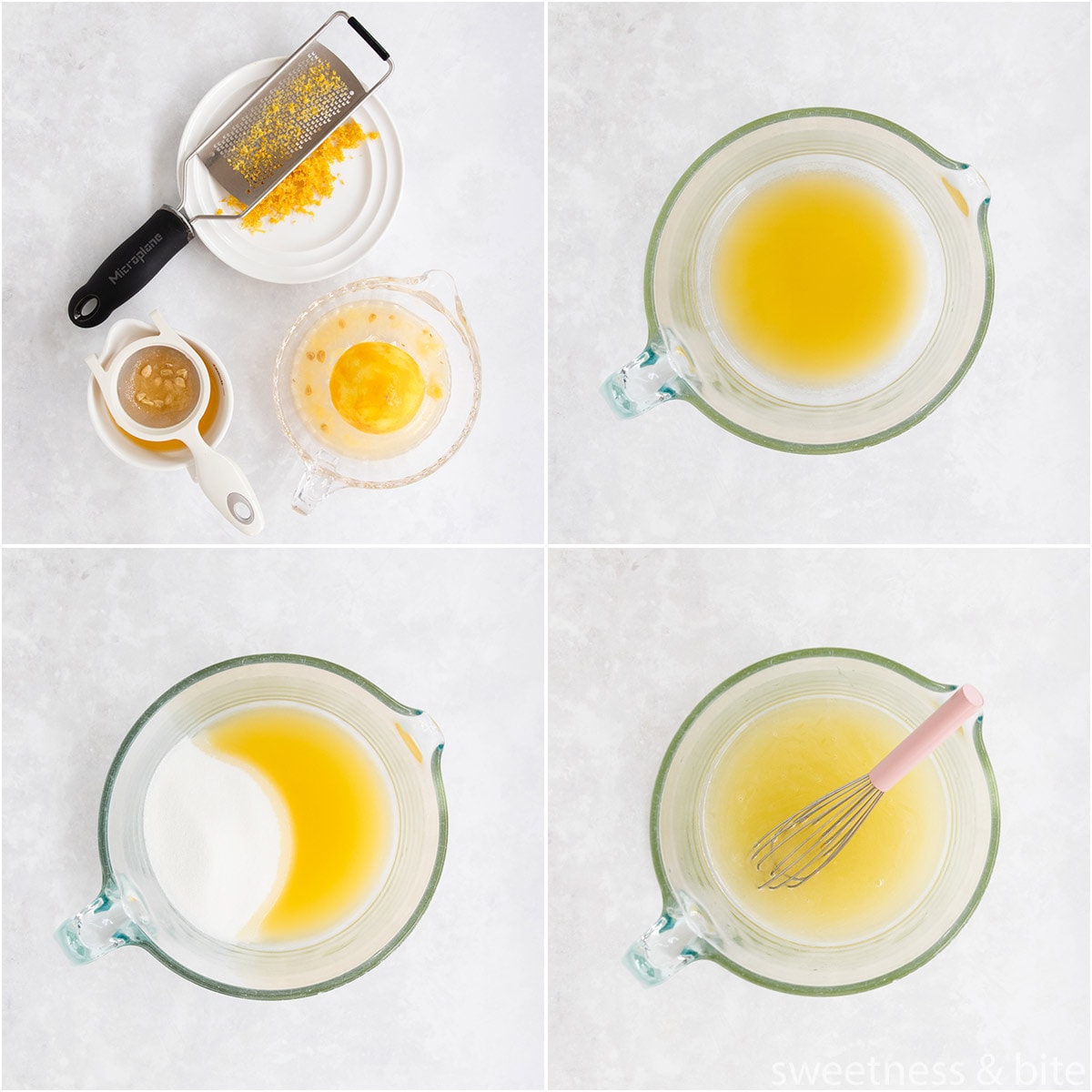 Collage of four images showing the lemons being zested and juiced and the juice and sugar being mixed.