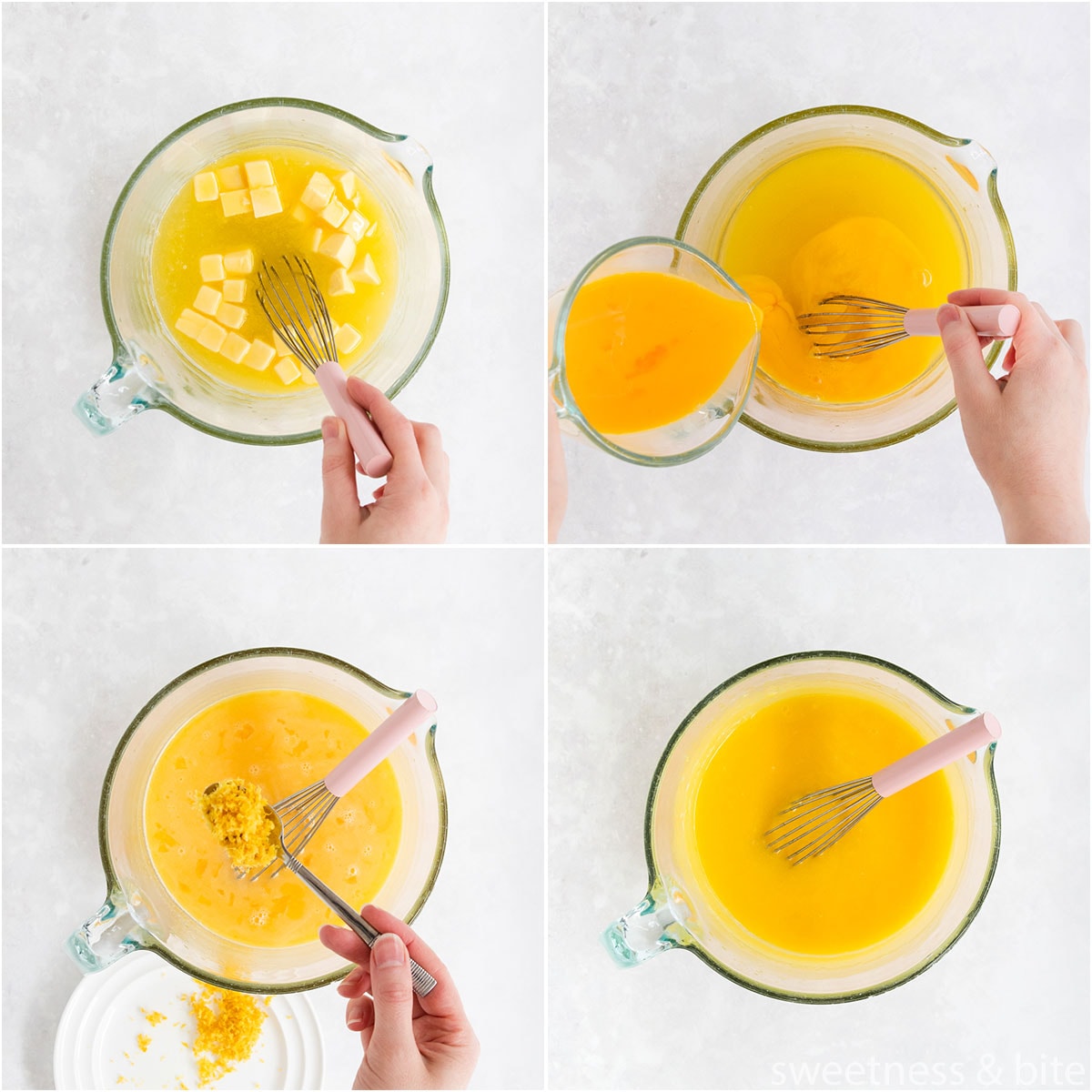 Collage of four images showing the butter, eggs and zest being added, and the cooked curd.