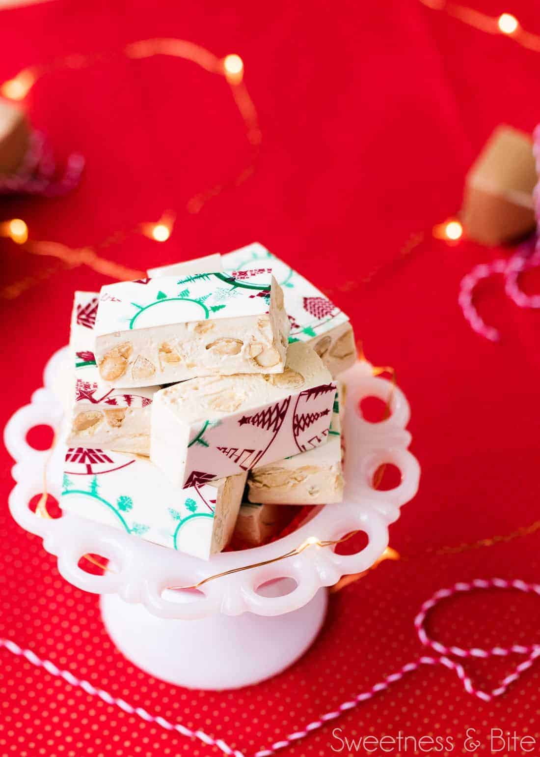 Festive Almond and Honey Nougat ~ Classic nougat with festive printed wafer paper ~ by Sweetness & Bite