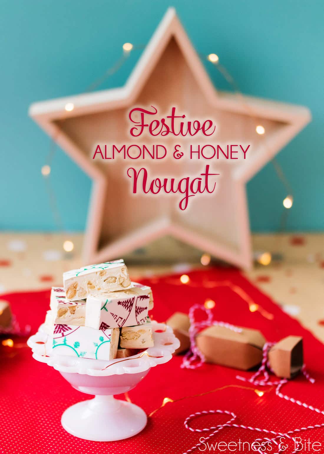 Nougat pieces in a white glass bowl on a festive red background, text overlay reads 