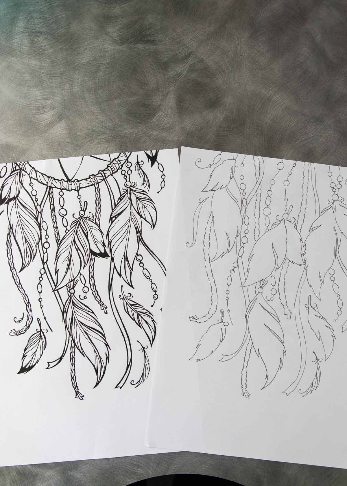 A dreamcatcher design printed onto paper and then traced onto another sheet of paper.