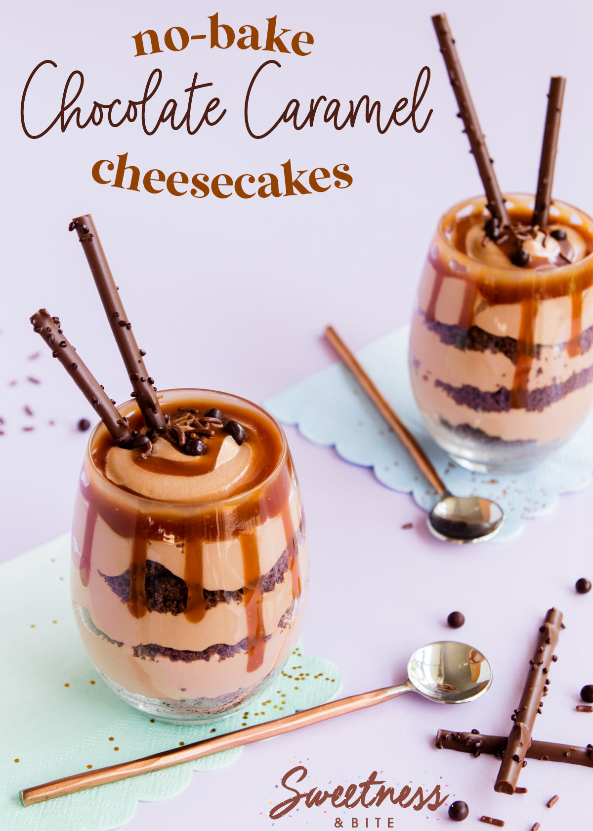 Individual cheesecakes in stemlesswine glasses - text overlay reads 