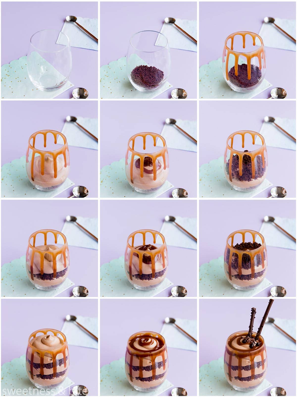 Collage of images showing the chocolate caramel cheesecake mixture, cookie crumbs and caramel sauce being layered into the glasses.