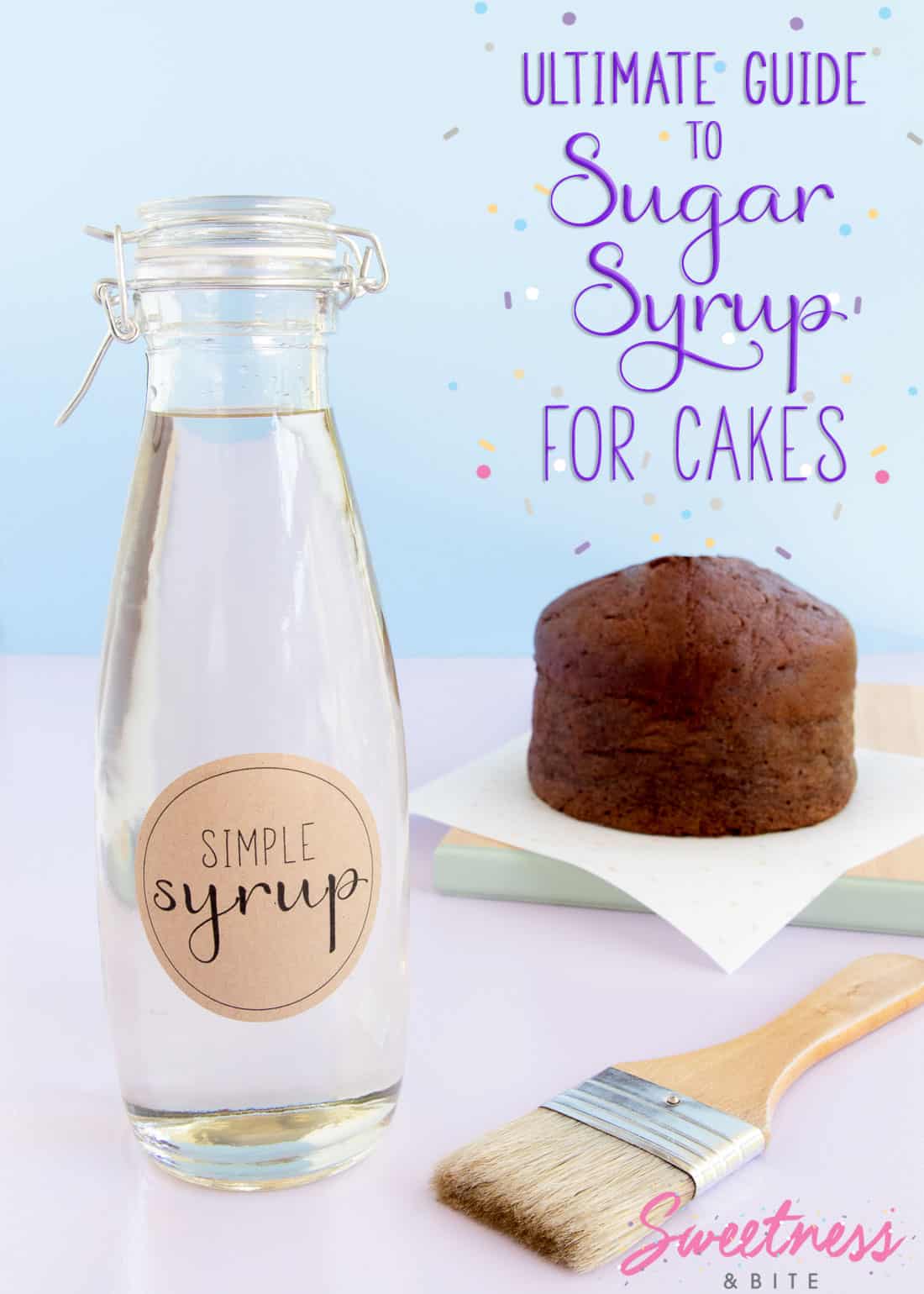 A bottle of simple syrup with a pastry brush and chocolate cake in the background, text overlay reads: "Ultimate Guide to Sugar Syrup for Cakes".