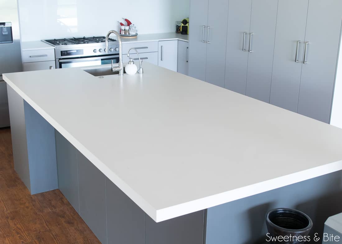 The Caesarstone bench on the large kitchen island.
