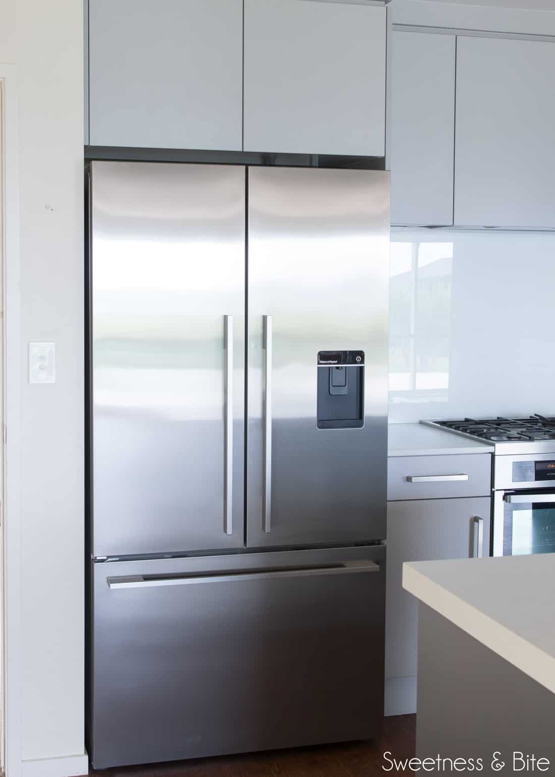A 900mm wide Fisher and Paykel french door fridge. 