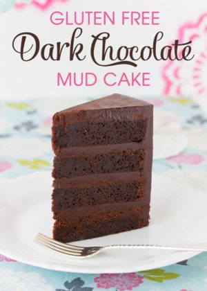 A slice of dark chocolate mud cake on a white plate.
