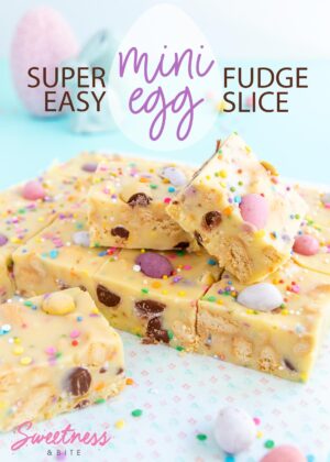 Mini Egg Fudge Slice is a fun and easy Easter treat. A smooth, creamy white chocolate and condensed milk fudge base, pastel mini eggs, crunchy cookie pieces, and a speckle of rainbow sprinkles!
