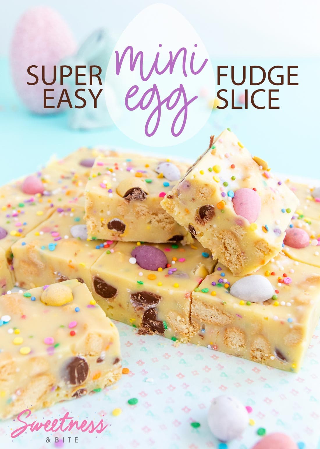 Squares of mini egg fudge with text overlay reading 