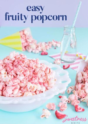 White bowl of pink fruit-flavoured popcorn
