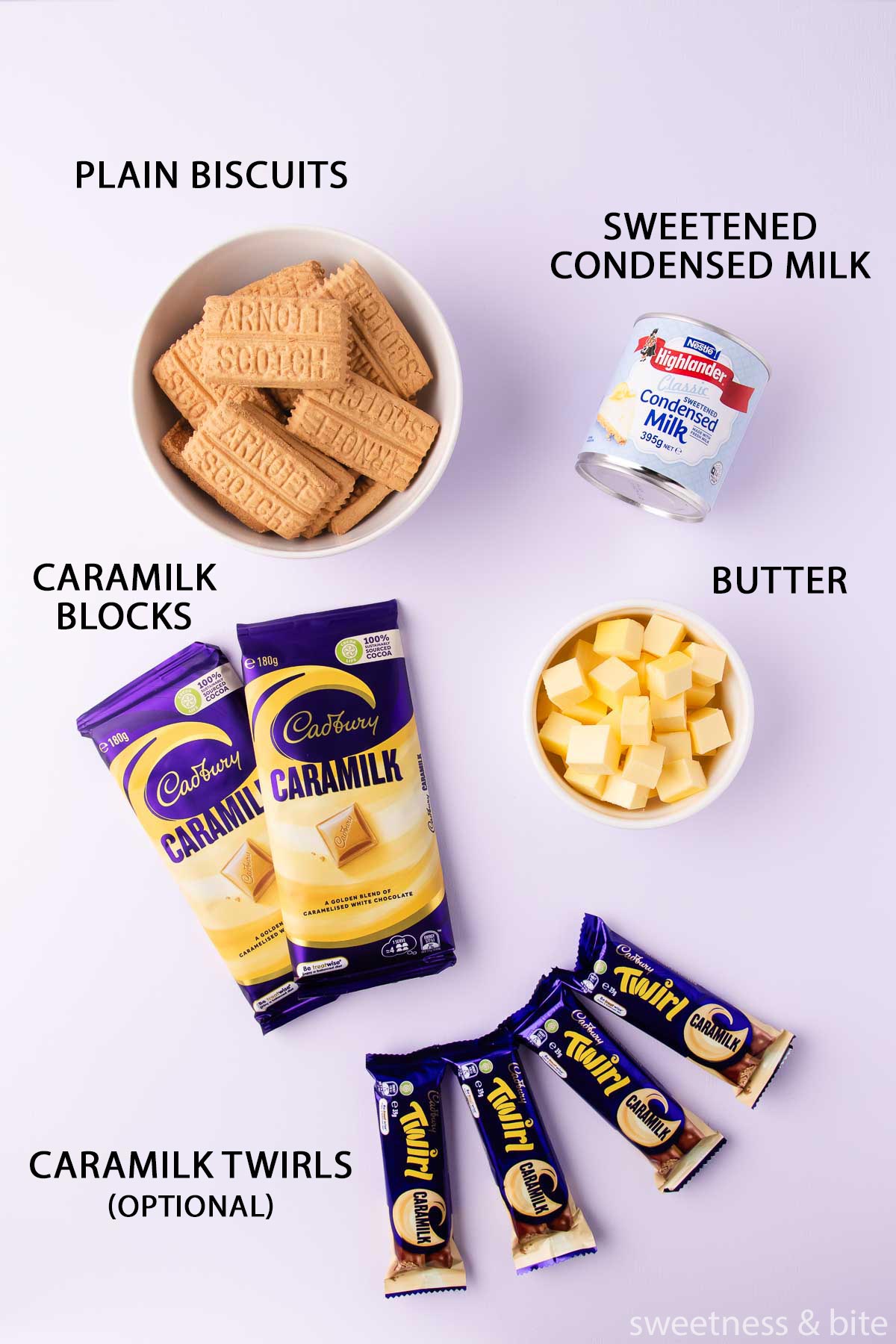 The Caramilk slice ingredients laid out on a light purple background.