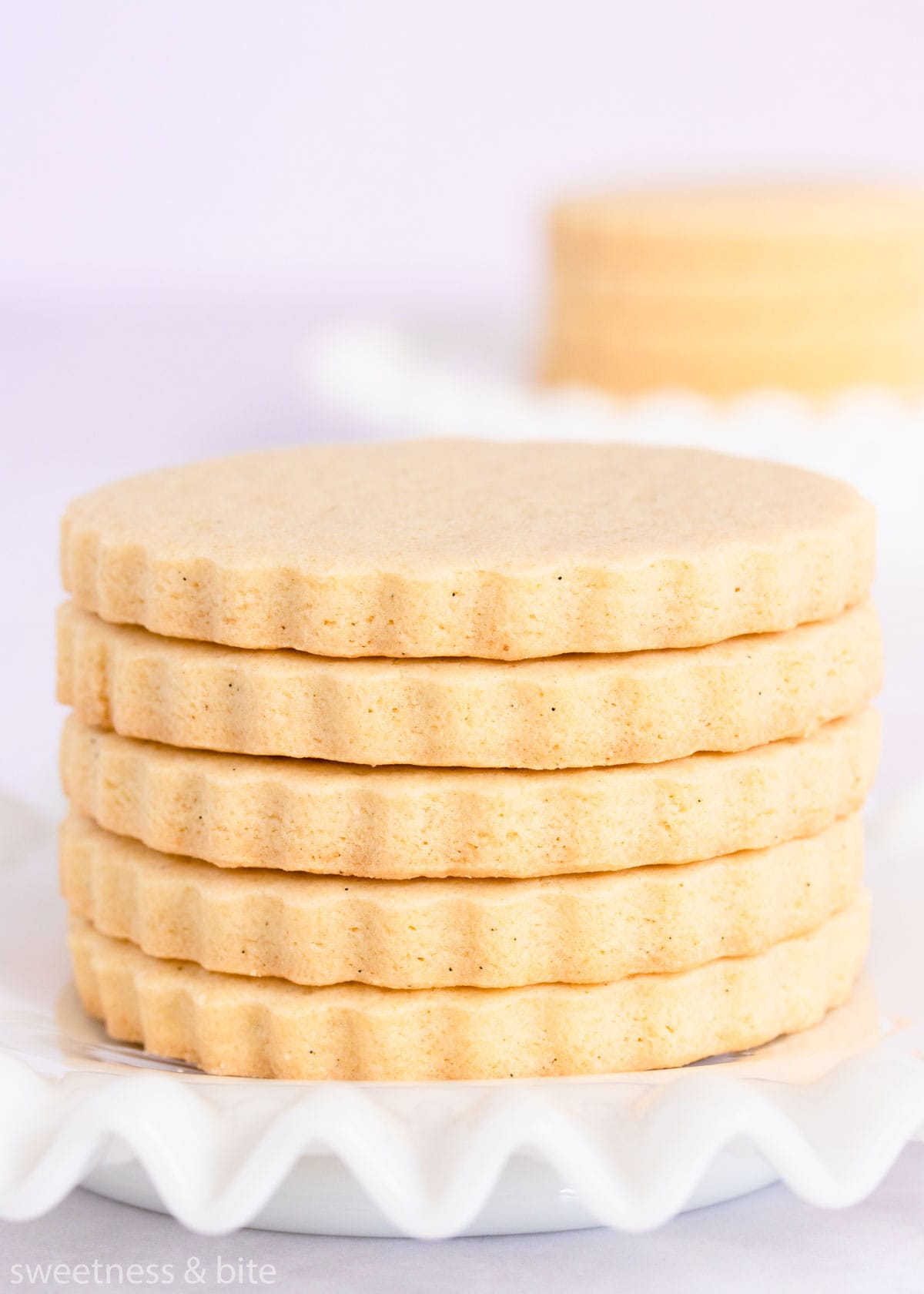 A stack of gluten free vanilla cookies on a white plate.
