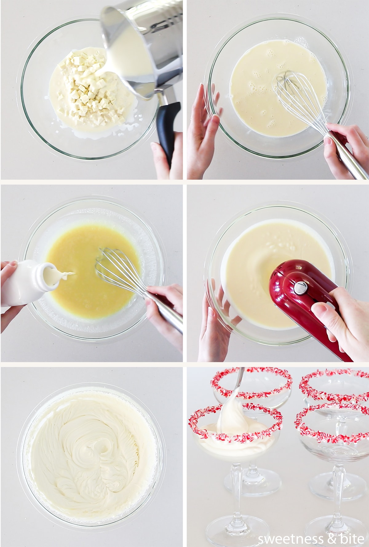 A collage of six images showing the steps in the recipe. Melting the chocolate with the cream, whisking the mixture together, adding more cream, whipping the mousse and spooning into serving glasses.