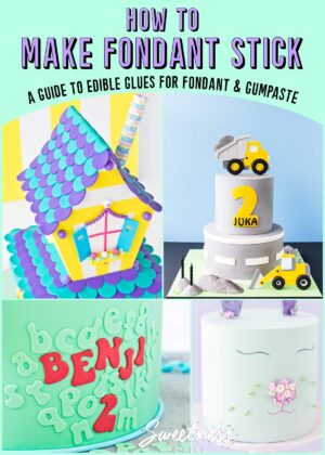 A collage of cake pictures with text overlay reading: How to make fondant stick to fondant - a guide to edible glues for fondant and gumpaste.
