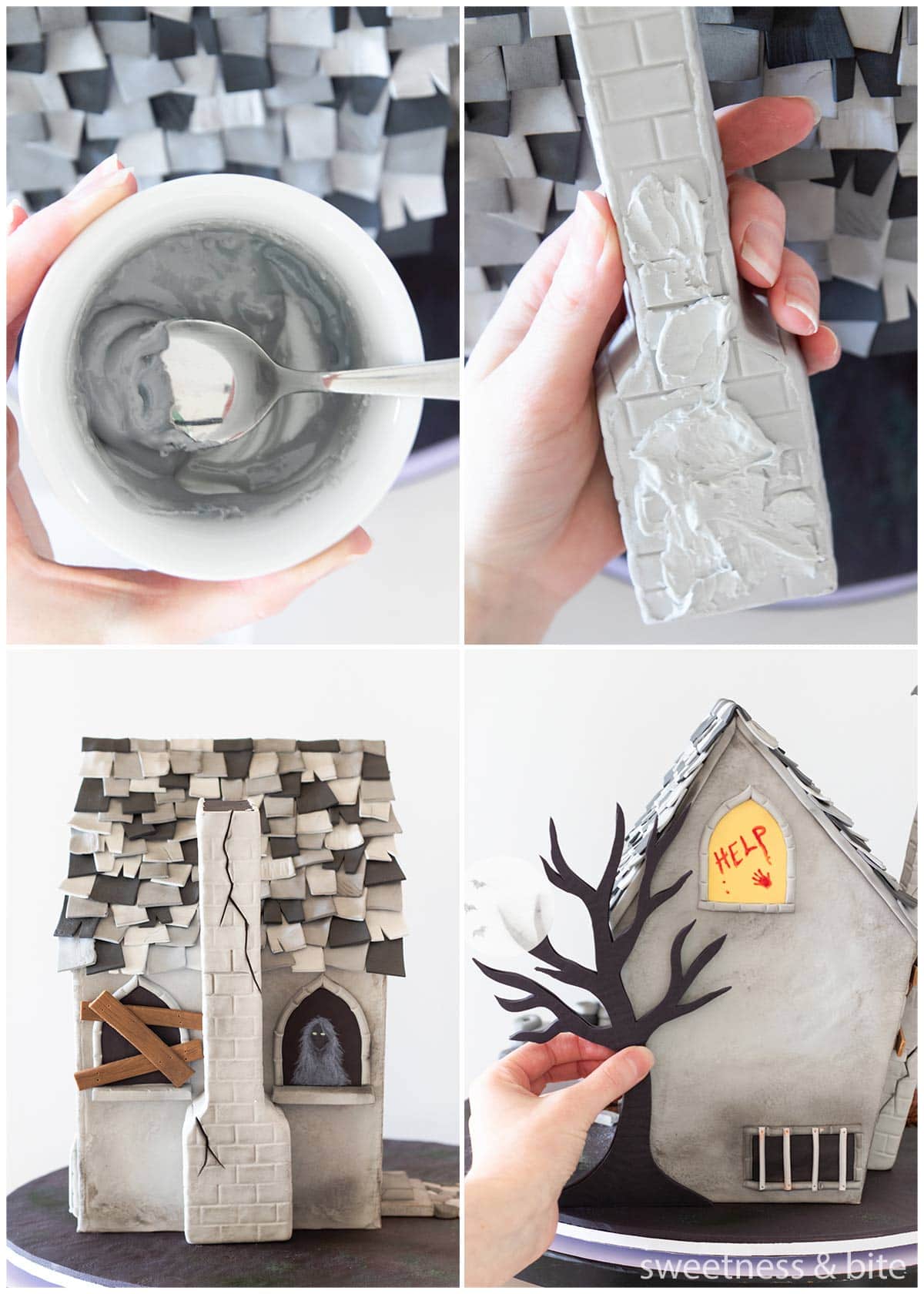 Un collage de imágenes de un pastel de casa encantada, que muestra cómo usar fondant derretido para unir la chimenea y una silueta de árbol 2D a los lados del pastel.