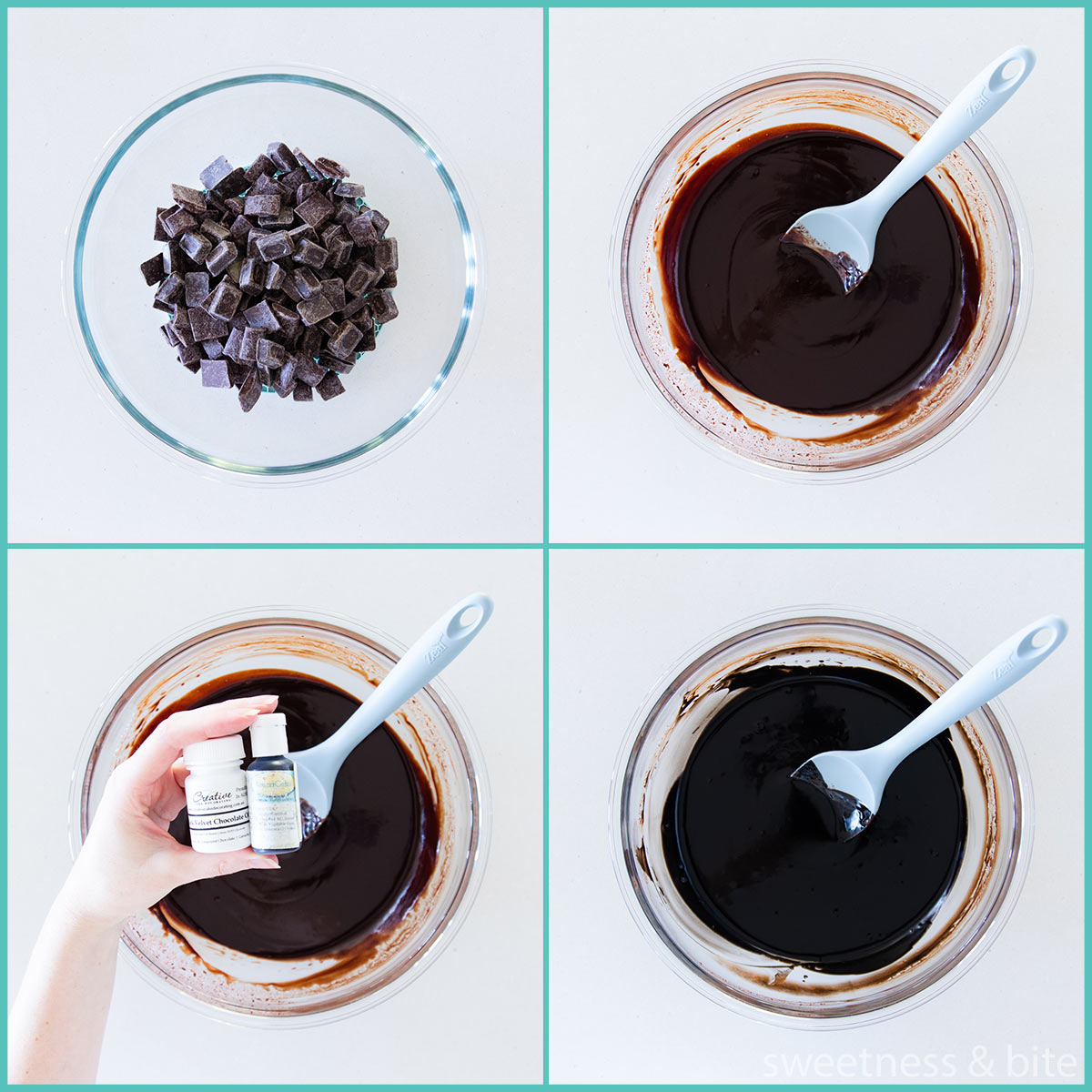 Collage showing dark chocolate ganache being made and coloured black with black gel colouring.