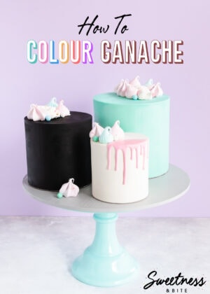 Three ganache covered cakes, black, white and teal, on a cake stand with text overlay reading: 