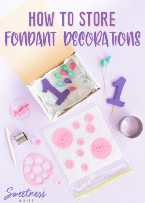 Fondant and gumpaste cake decorations in a box and in a resealable plastic bag - text overlay reads 