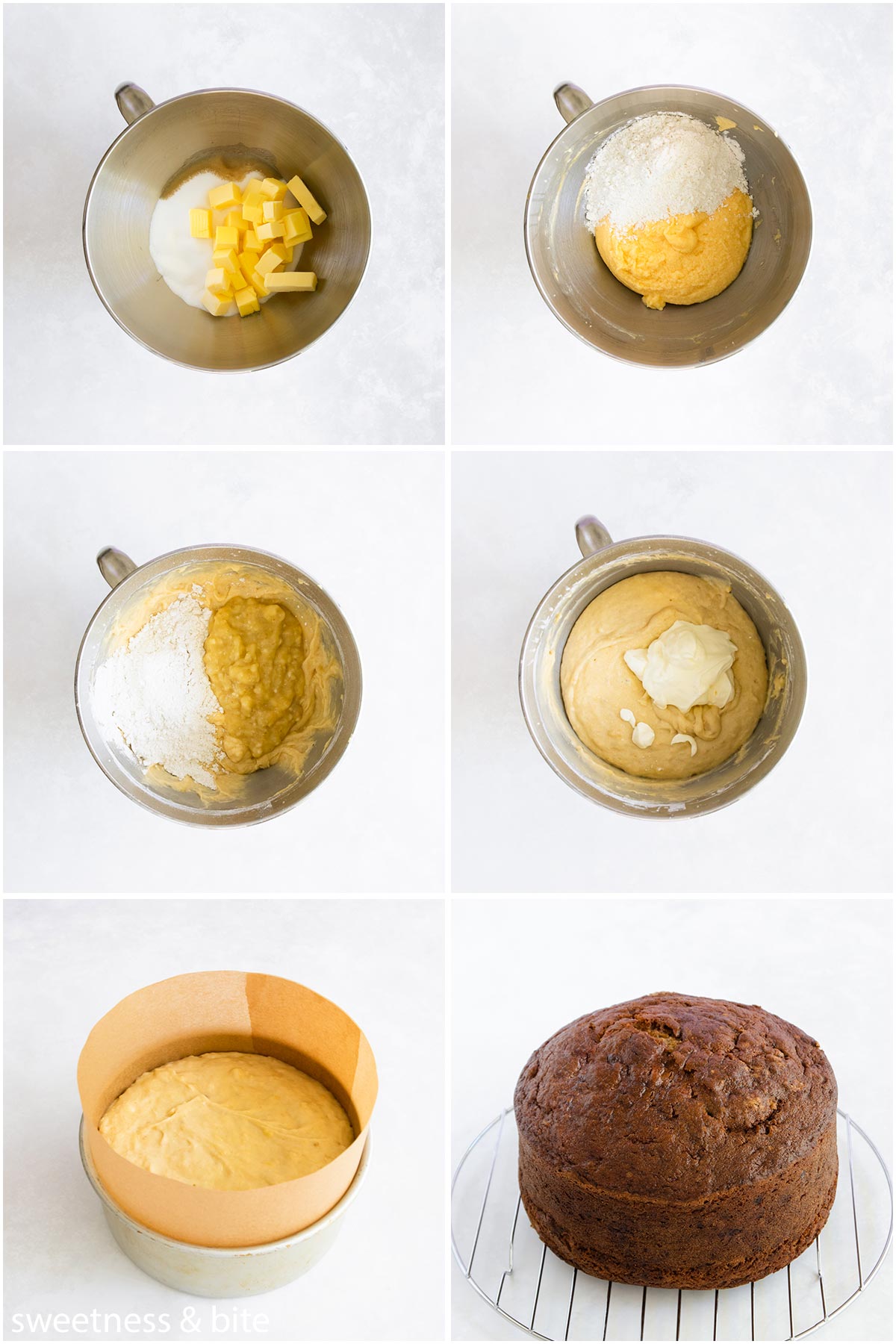 A collage of six images showing the steps of mixing the cake batter, and the baked banana cake.