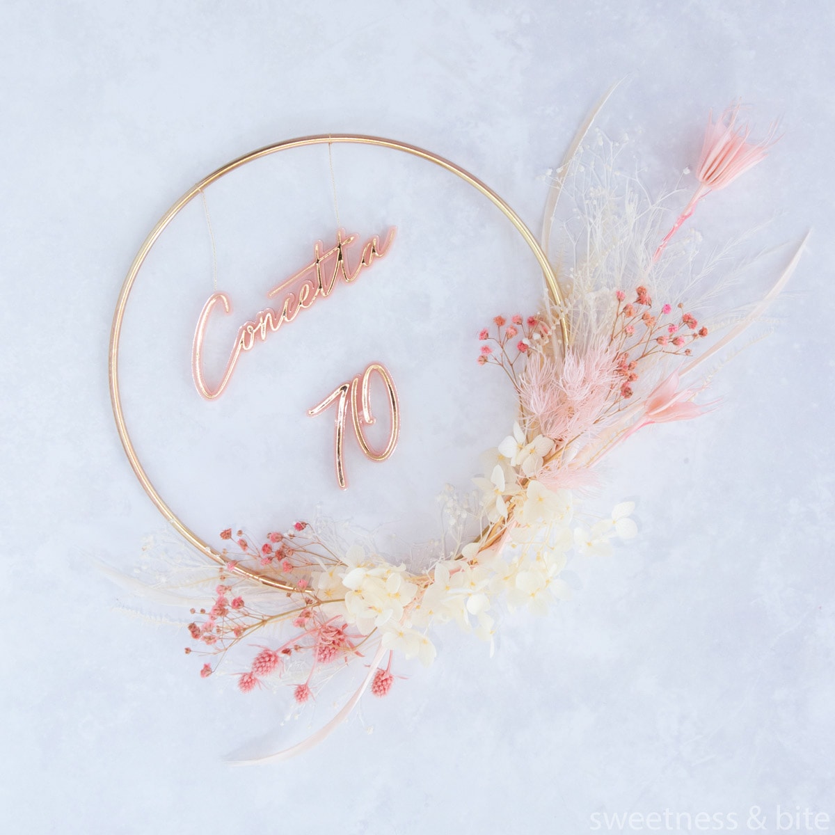 Close up of the cake topper on a grey background.