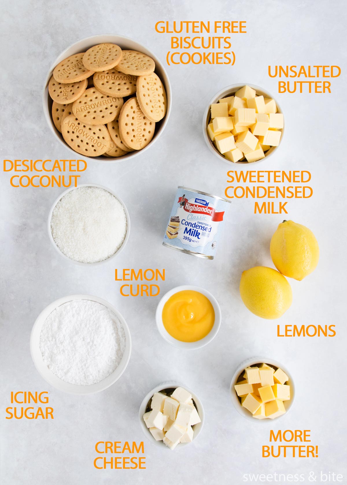 The lemon slice ingredients in bowls on a grey background.