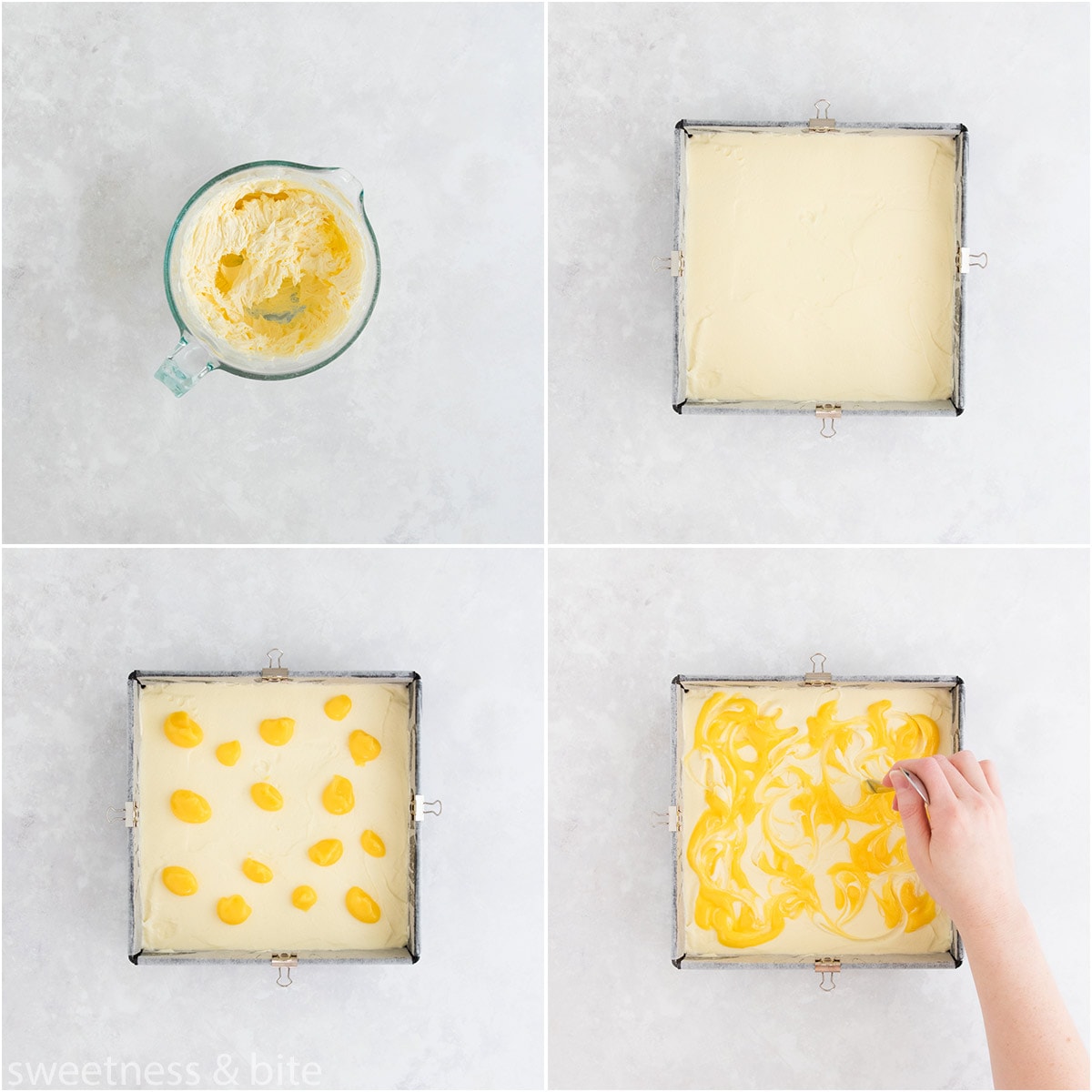 Collage of four images showing the cream cheese icing being made, and lemon curd being swirled into it.