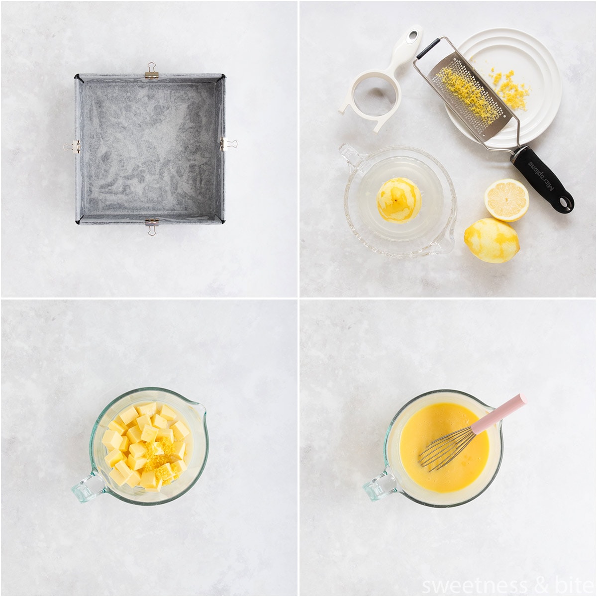 Collage of four images showing the prepared pan, lemons being zested and juice, and the wet ingredients being mixed.