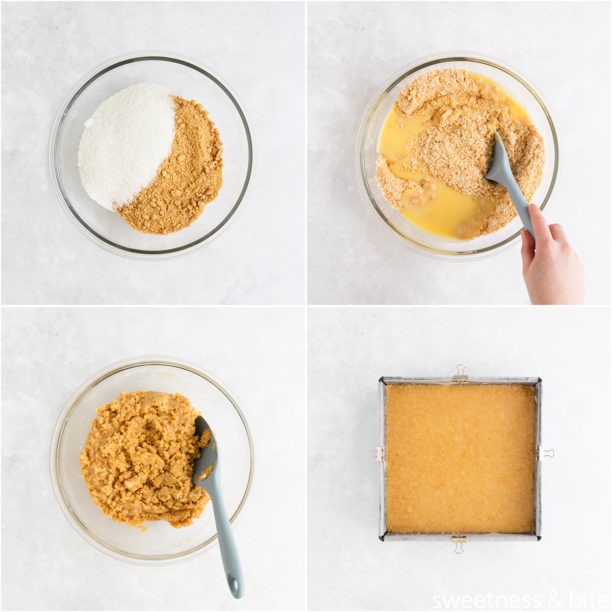Collage of four images showing the dry ingredients in a bowl, the wet ingredients being added, and the mixture being pressed into the pan.