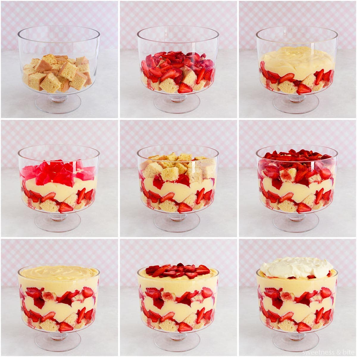 Collage of nine images showing the gluten free trifle layers being assembled in a footed trifle bowl.