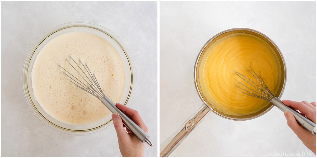 The milk mixture being mixed into the eggs, and the cooked custard in a pan.