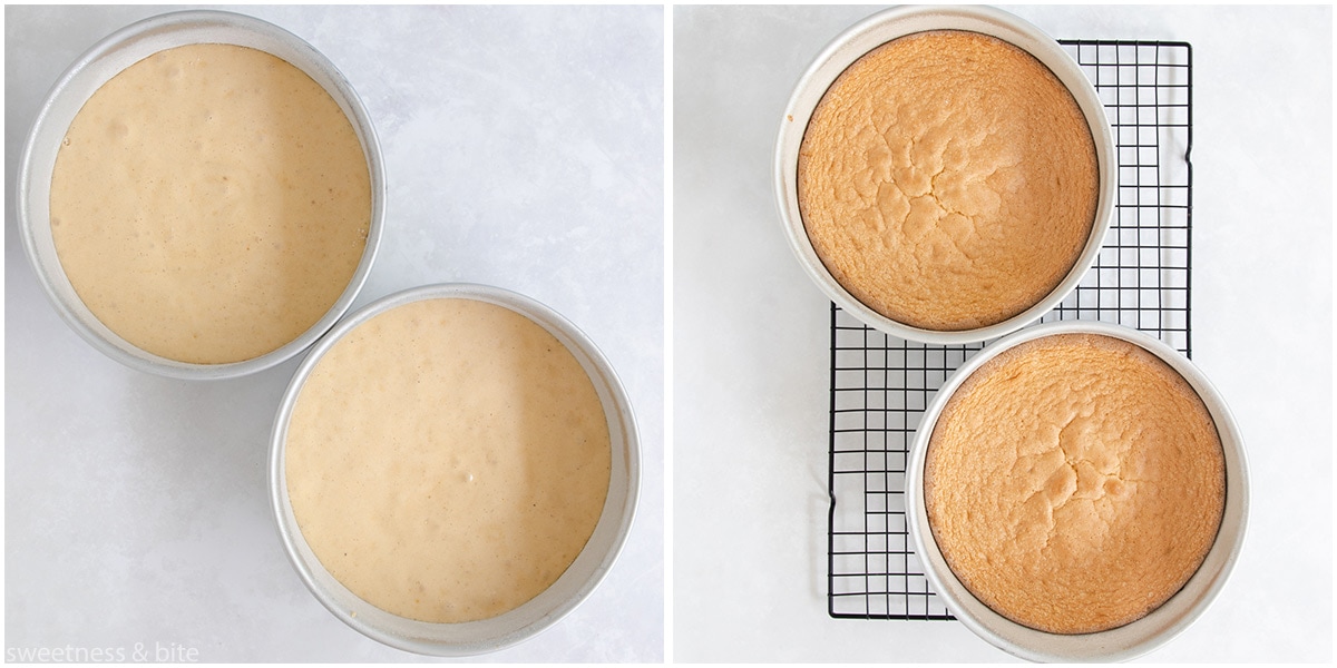 The sponge cake batter in two cake pans, and the baked cakes on a cooling rack.
