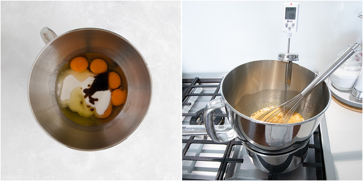 Eggs, sugar and vanilla being heated over a water bath.