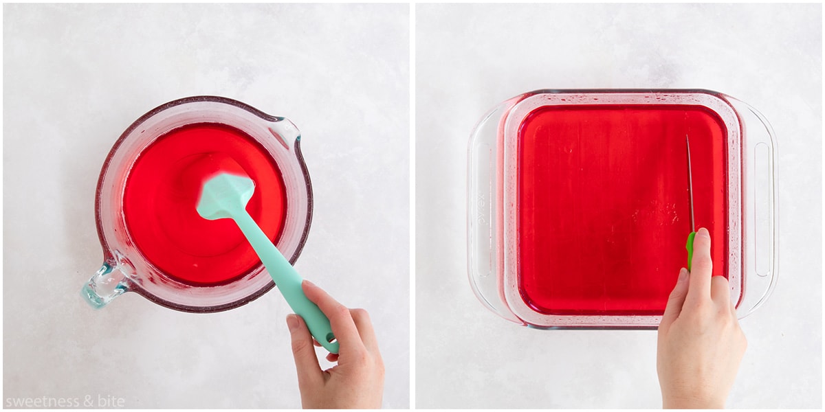 Jelly being mixed in a bowl, and the set jelly in a dish being cut into squares.