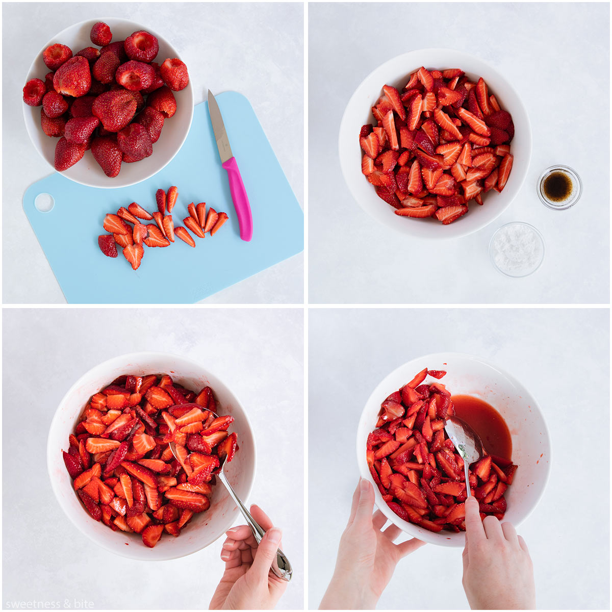 Collage of four images showing the strawberries being chopped and mixed with sugar and vanilla.