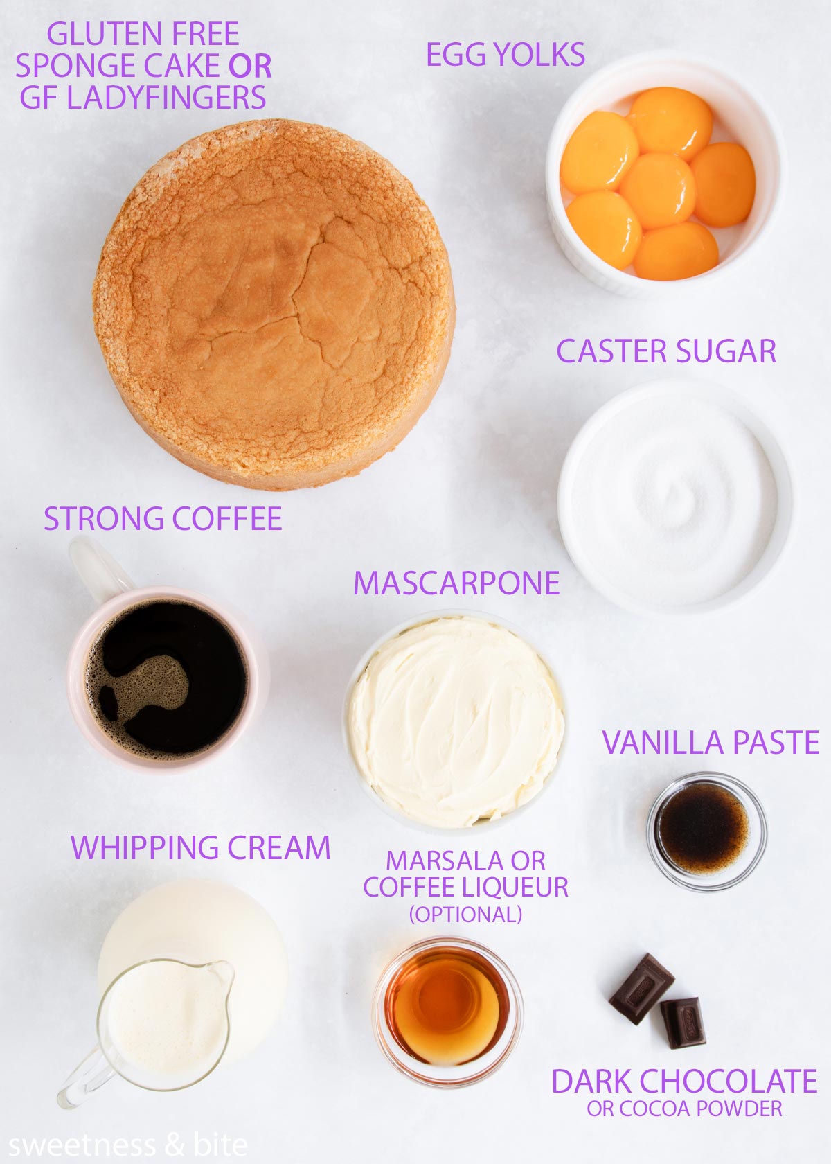 The tiramisu ingredients - sponge, egg yolks, sugar, coffee, mascarpone, vanilla, cream, marsala and dark chocolate.